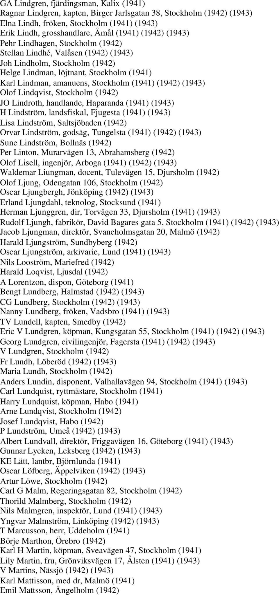 (1942) (1943) Olof Lindqvist, Stockholm (1942) JO Lindroth, handlande, Haparanda (1941) (1943) H Lindström, landsfiskal, Fjugesta (1941) (1943) Lisa Lindström, Saltsjöbaden (1942) Orvar Lindström,