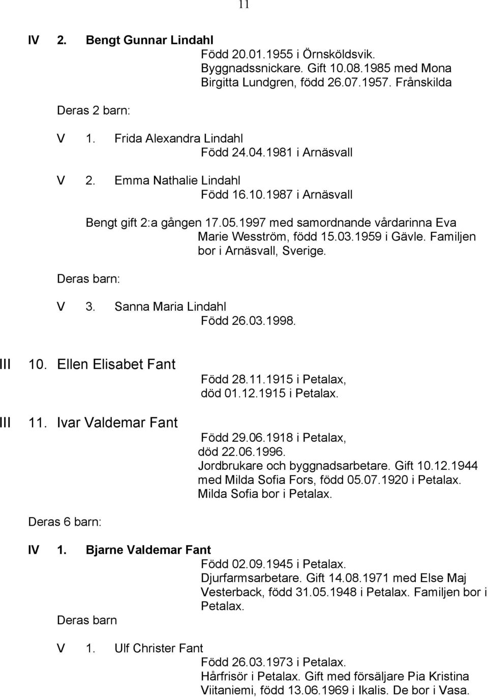 Familjen bor i Arnäsvall, Sverige. Deras barn: V 3. Sanna Maria Lindahl Född 26.03.1998. III III 10. Ellen Elisabet Fant 11. Ivar Valdemar Fant Deras 6 barn: Född 28.11.1915 i Petalax, död 01.12.