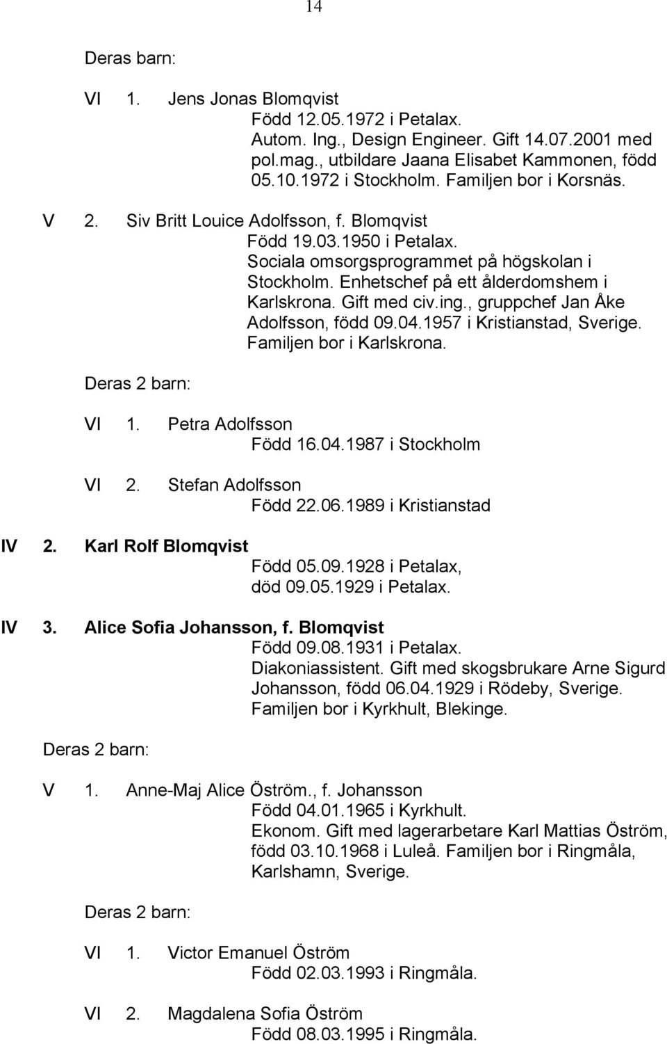 Gift med civ.ing., gruppchef Jan Åke Adolfsson, född 09.04.1957 i Kristianstad, Sverige. Familjen bor i Karlskrona. VI 1. Petra Adolfsson Född 16.04.1987 i Stockholm VI 2. Stefan Adolfsson Född 22.06.