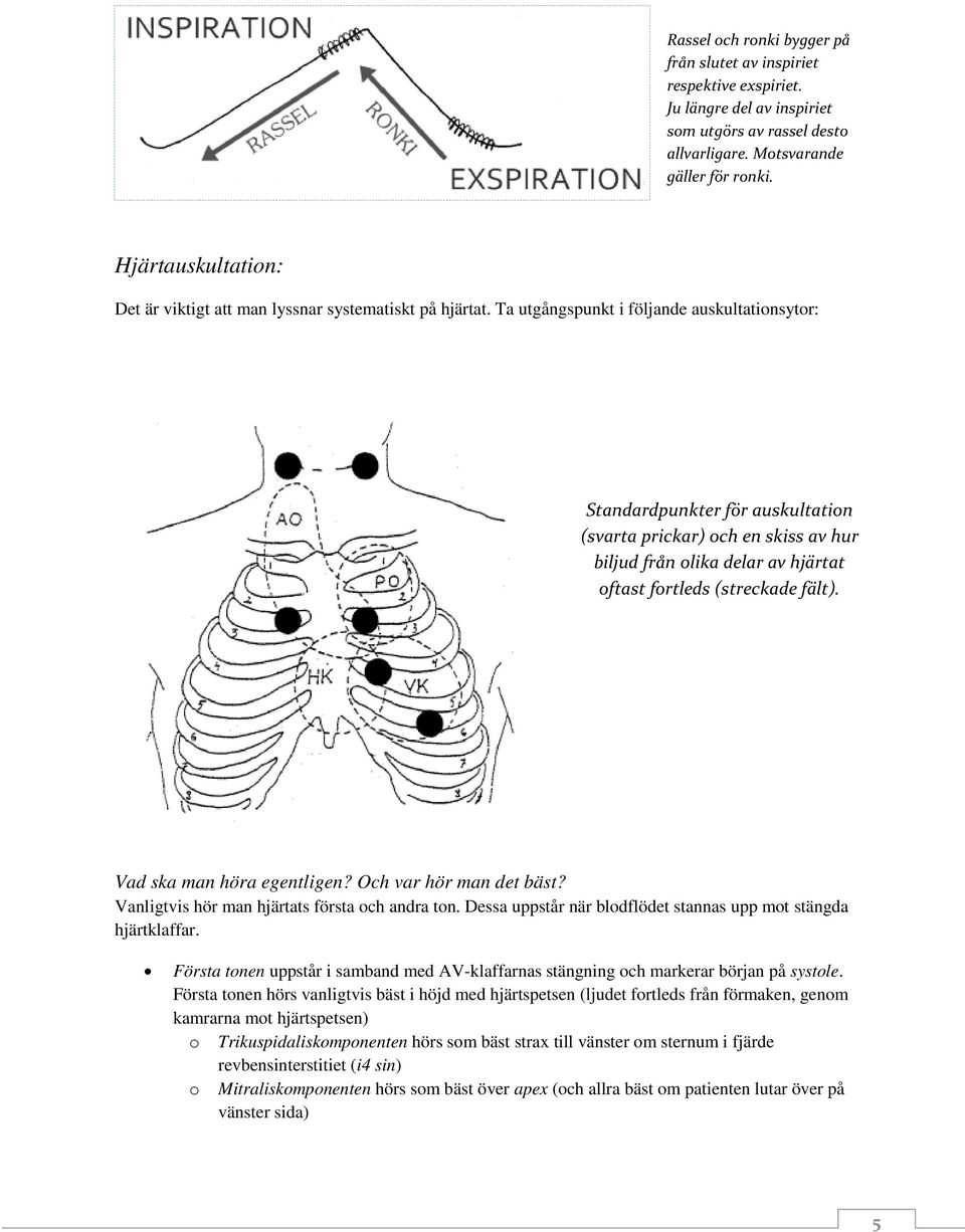 Ta utgångspunkt i följande auskultationsytor: Standardpunkter för auskultation (svarta prickar) och en skiss av hur biljud från olika delar av hjärtat oftast fortleds (streckade fält).