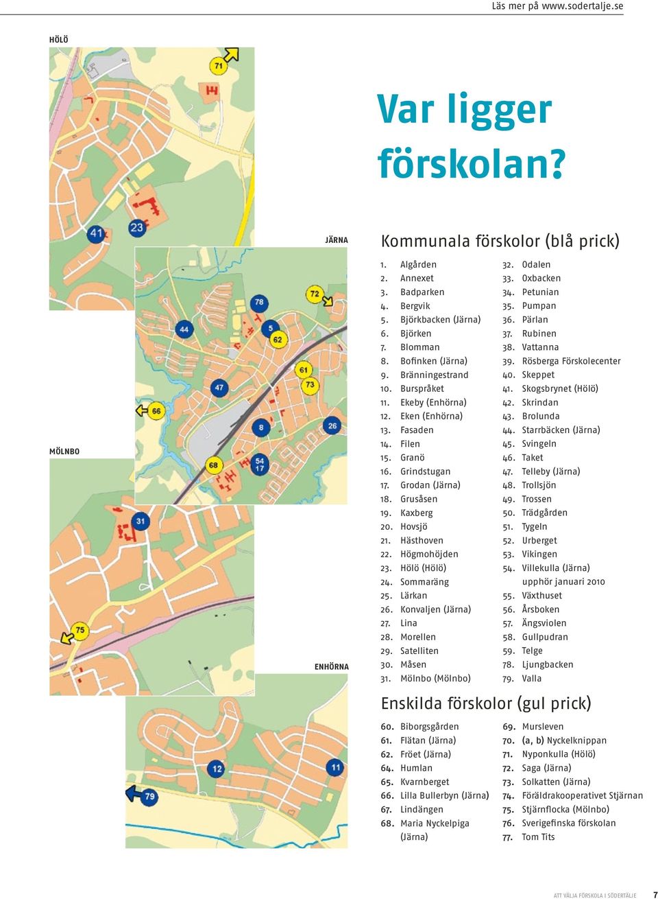 Hovsjö 21. Hästhoven 22. Högmohöjden 23. Hölö (Hölö) 24. Sommaräng 25. Lärkan 26. Konvaljen (Järna) 27. Lina 28. Morellen 29. Satelliten 30. Måsen 31. Mölnbo (Mölnbo) 32. Odalen 33. Oxbacken 34.