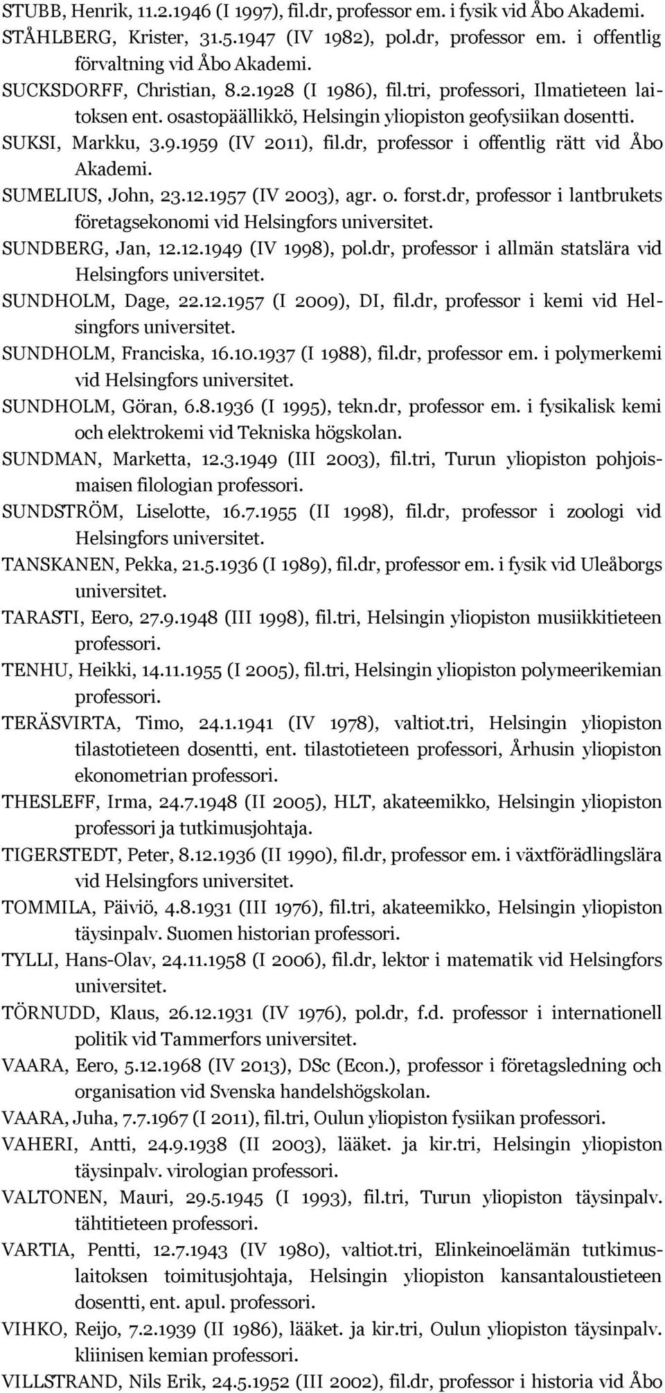 dr, professor i offentlig rätt vid Åbo SUMELIUS, John, 23.12.1957 (IV 2003), agr. o. forst.dr, professor i lantbrukets företagsekonomi vid SUNDBERG, Jan, 12.12.1949 (IV 1998), pol.