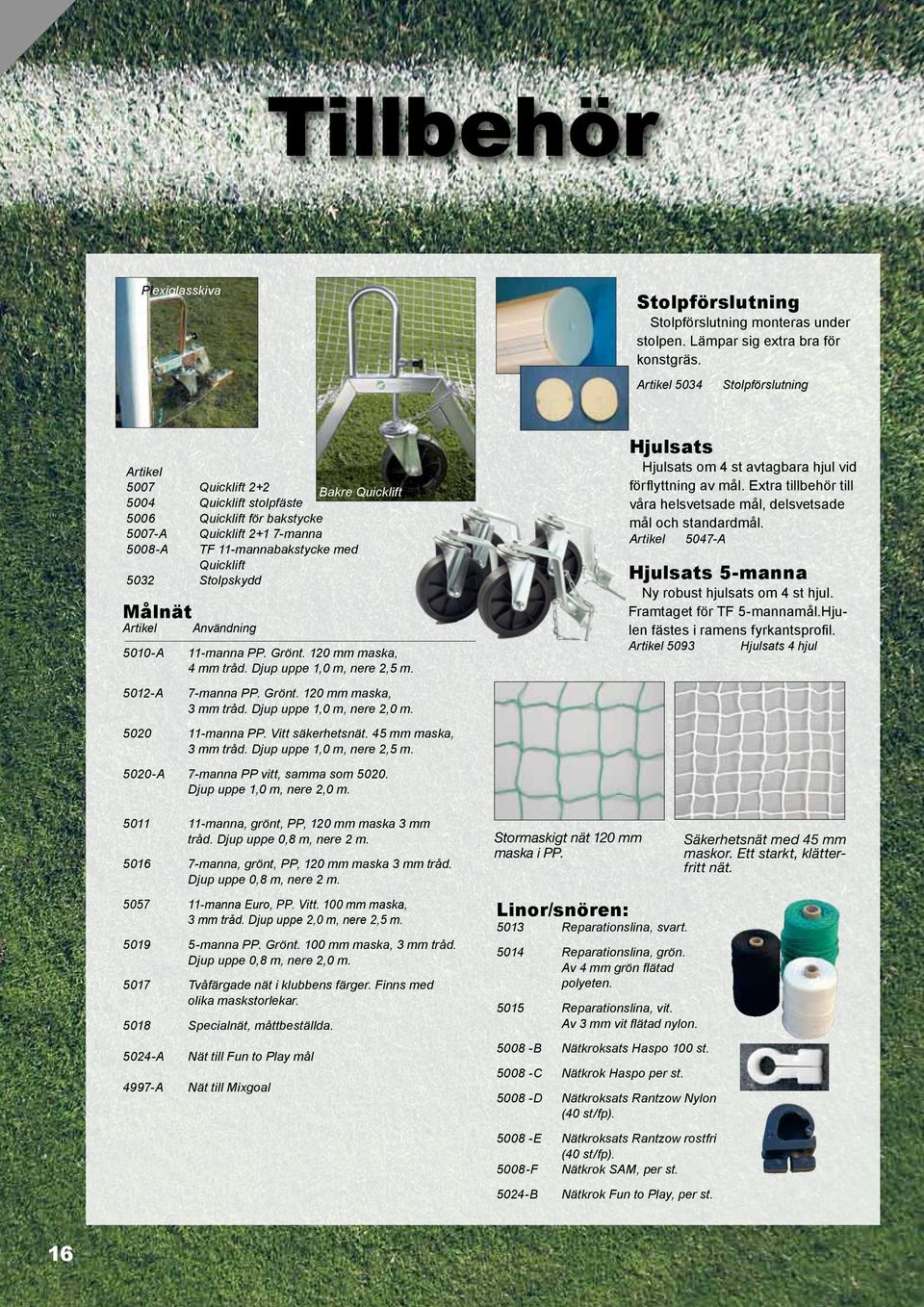 Målnät Användning 5010-A 11-manna PP. Grönt. 120 mm maska, 4 mm tråd. Djup uppe 1,0 m, nere 2,5 m. Hjulsats Hjulsats om 4 st avtagbara hjul vid förflyttning av mål.