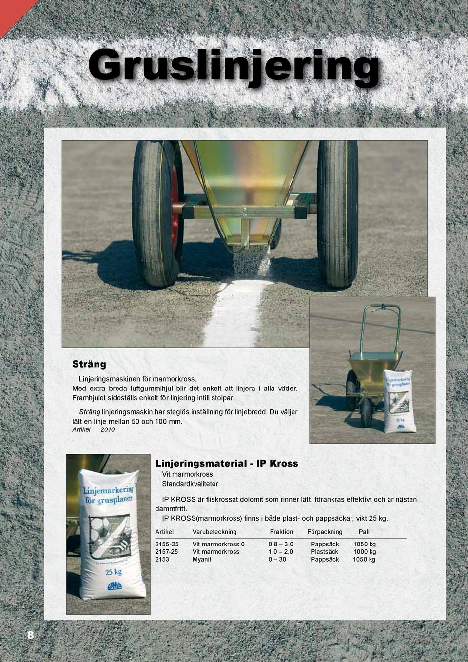 2010 Linjeringsmaterial - IP Kross Vit marmorkross Standardkvaliteter IP KROSS är fliskrossat dolomit som rinner lätt, förankras effektivt och är nästan dammfritt.