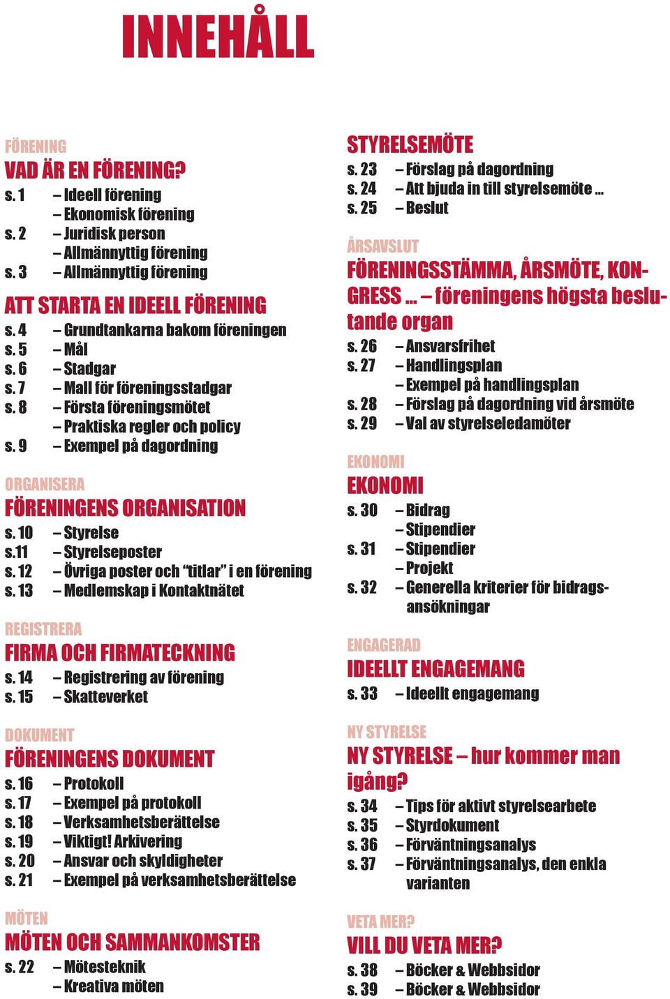 9 Exempel på dagordning ORGANISERA FÖRENINGENS ORGANISATION s. 10 Styrelse s.11 Styrelseposter s. 12 Övriga poster och titlar i en förening s.