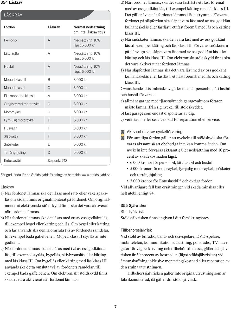 Släpvagn F 3 000 kr Snöskoter E 5 000 kr Terränghjuling D 5 000 kr Entusiastbil Se punkt 748 För godkända lås se Stöldskyddsföreningens hemsida www.stoldskydd.
