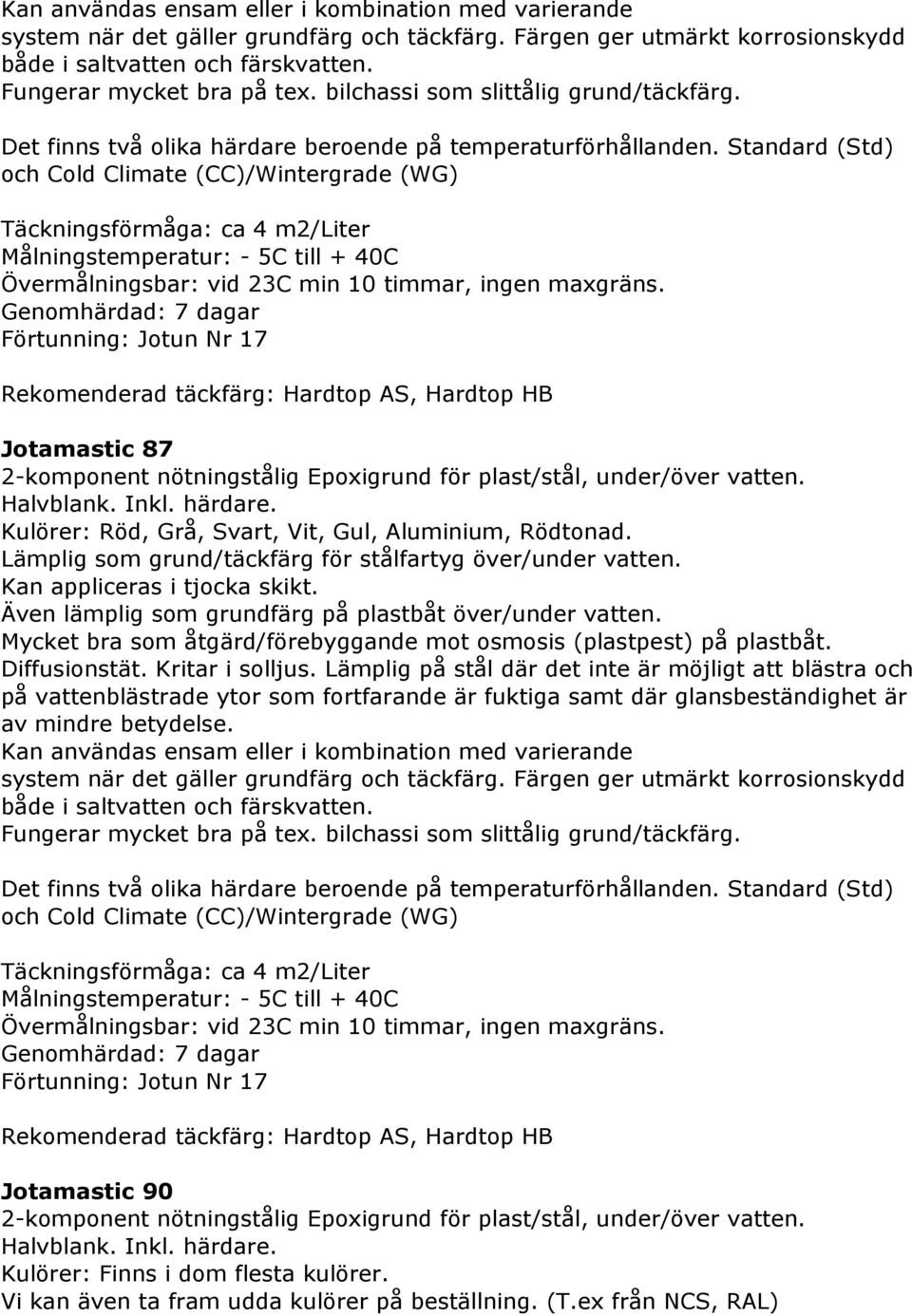 Standard (Std) och Cold Climate (CC)/Wintergrade (WG) Täckningsförmåga: ca 4 m2/ Målningstemperatur: - 5C till + 40C Övermålningsbar: vid 23C min 10 timmar, ingen maxgräns.