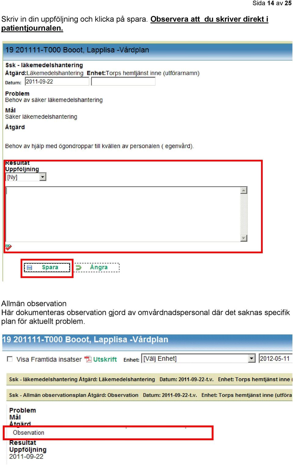 Sida 14 av 25 Allmän observation Här dokumenteras