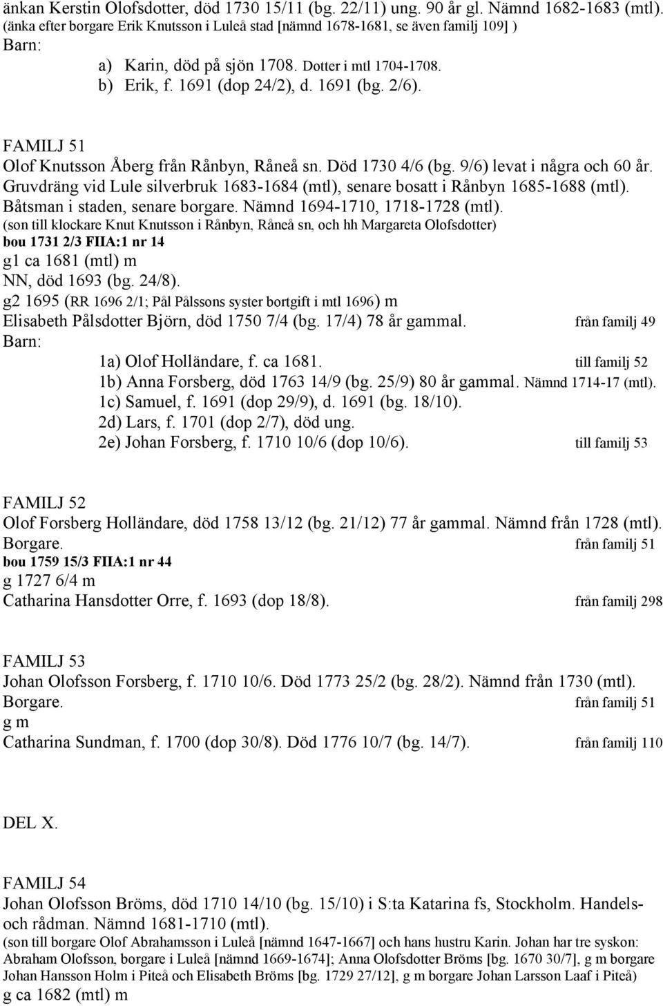 FAMILJ 51 Olof Knutsson Åberg från Rånbyn, Råneå sn. Död 1730 4/6 (bg. 9/6) levat i några och 60 år. Gruvdräng vid Lule silverbruk 1683-1684 (mtl), senare bosatt i Rånbyn 1685-1688 (mtl).