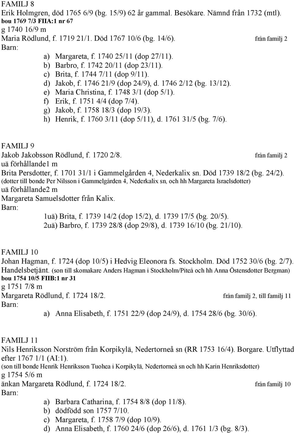 e) Maria Christina, f. 1748 3/1 (dop 5/1). f) Erik, f. 1751 4/4 (dop 7/4). g) Jakob, f. 1758 18/3 (dop 19/3). h) Henrik, f. 1760 3/11 (dop 5/11), d. 1761 31/5 (bg. 7/6).