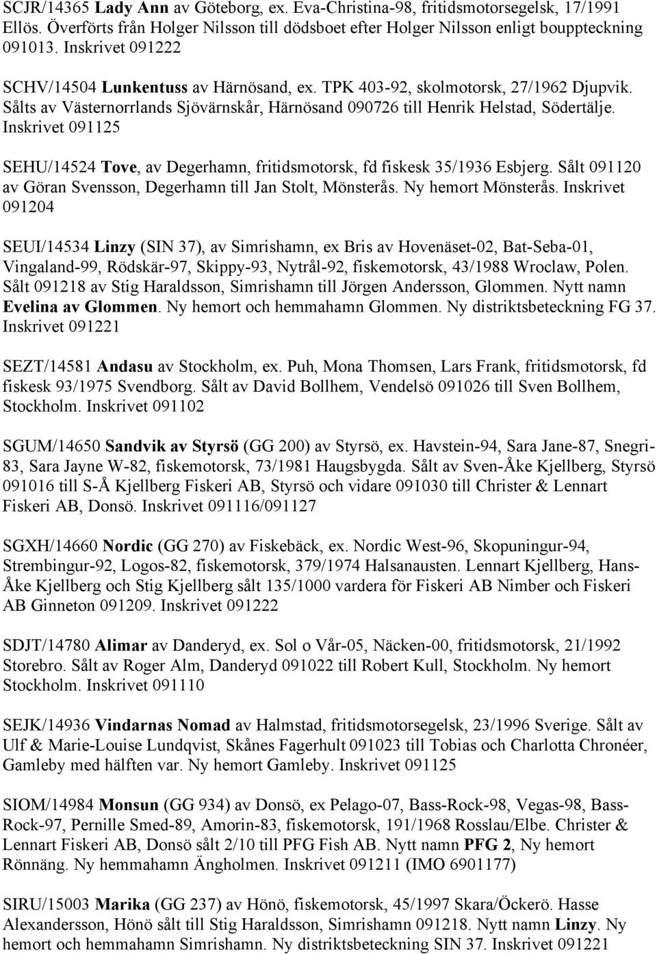 Inskrivet 091125 SEHU/14524 Tove, av Degerhamn, fritidsmotorsk, fd fiskesk 35/1936 Esbjerg. Sålt 091120 av Göran Svensson, Degerhamn till Jan Stolt, Mönsterås. Ny hemort Mönsterås.