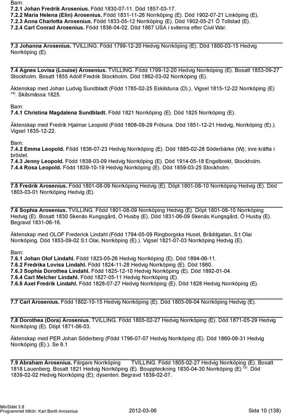 Född 1799-12-20 Hedvig Norrköping (E). Död 1800-03-15 Hedvig Norrköping (E). 7.4 Agnes Lovisa (Louise) Arosenius. TVILLING. Född 1799-12-20 Hedvig Norrköping (E). Bosatt 1853-09-27 Stockholm.