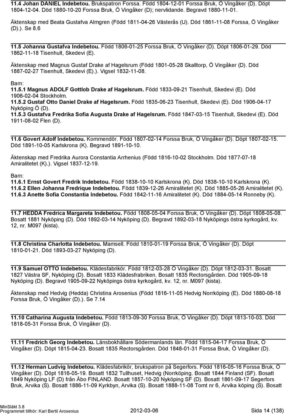 Döpt 1806-01-29. Död 1862-11-18 Tisenhult, Skedevi (E). Äktenskap med Magnus Gustaf Drake af Hagelsrum (Född 1801-05-28 Skalltorp, Ö Vingåker (D). Död 1887-02-27 Tisenhult, Skedevi (E).). Vigsel 1832-11-08.