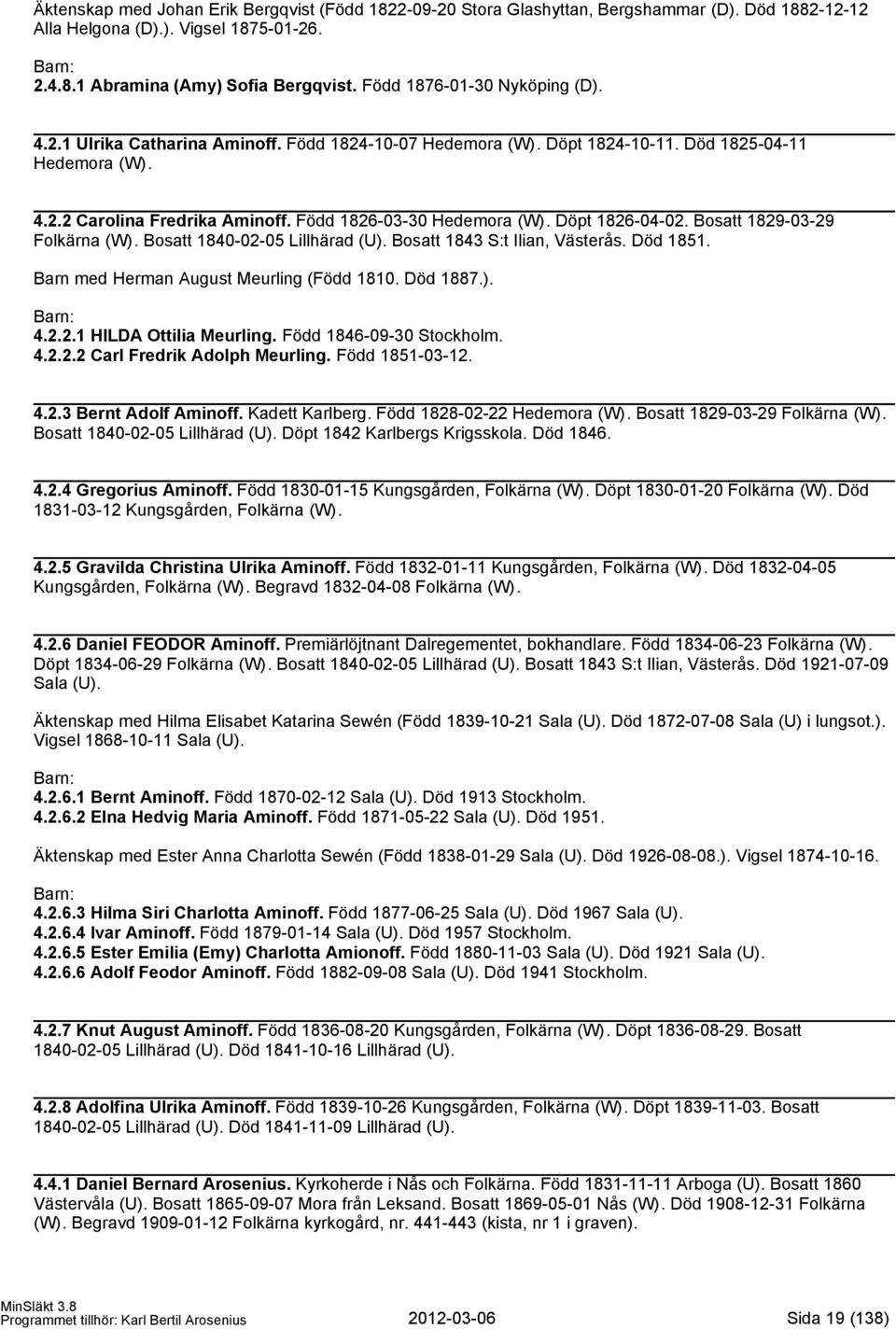 Döpt 1826-04-02. Bosatt 1829-03-29 Folkärna (W). Bosatt 1840-02-05 Lillhärad (U). Bosatt 1843 S:t Ilian, Västerås. Död 1851. Barn med Herman August Meurling (Född 1810. Död 1887.). 4.2.2.1 HILDA Ottilia Meurling.