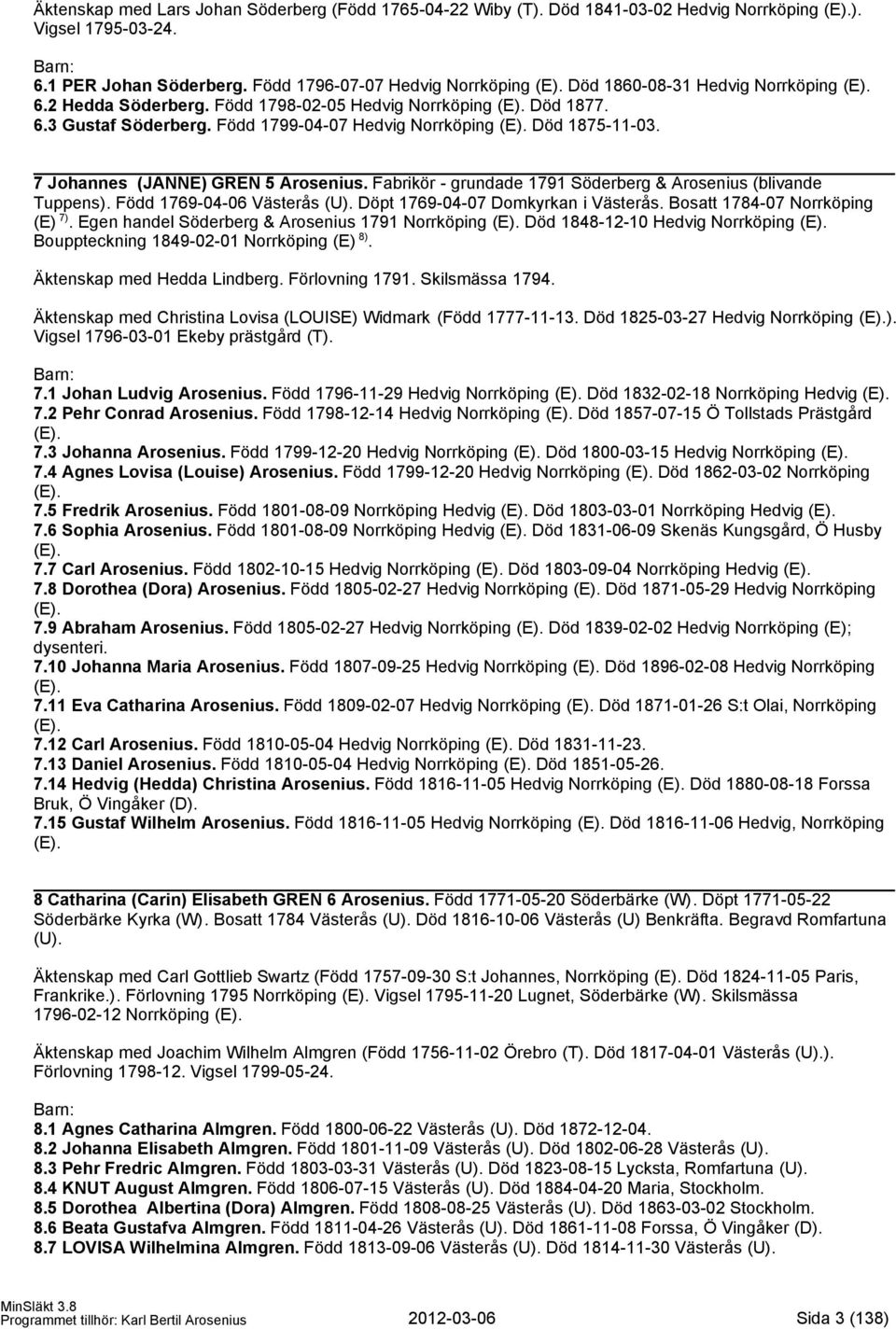 7 Johannes (JANNE) GREN 5 Arosenius. Fabrikör - grundade 1791 Söderberg & Arosenius (blivande Tuppens). Född 1769-04-06 Västerås (U). Döpt 1769-04-07 Domkyrkan i Västerås.