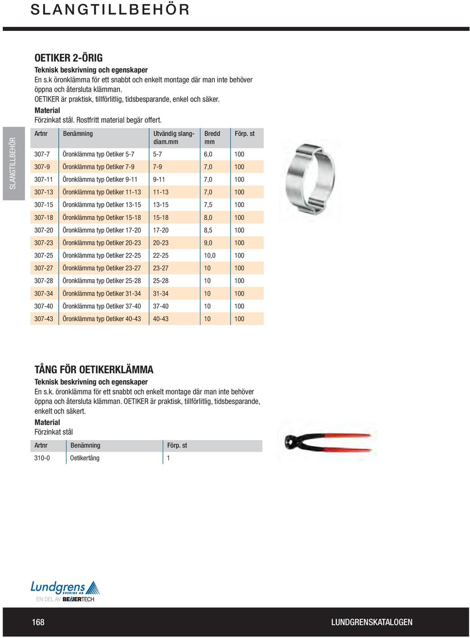 mm Bredd mm 307-7 Öronklämma typ Oetiker 5-7 5-7 6,0 100 307-9 Öronklämma typ Oetiker 7-9 7-9 7,0 100 307-11 Öronklämma typ Oetiker 9-11 9-11 7,0 100 307-13 Öronklämma typ Oetiker 11-13 11-13 7,0 100