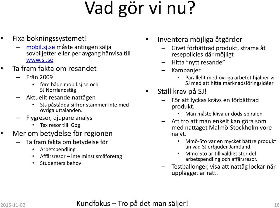 Givet förbättrad produkt, strama åt resepolicies där möjligt Hitta nytt resande Kampanjer Parallellt med övriga arbetet hjälper vi SJ med att hitta marknadsföringsidéer Ställ krav på SJ!