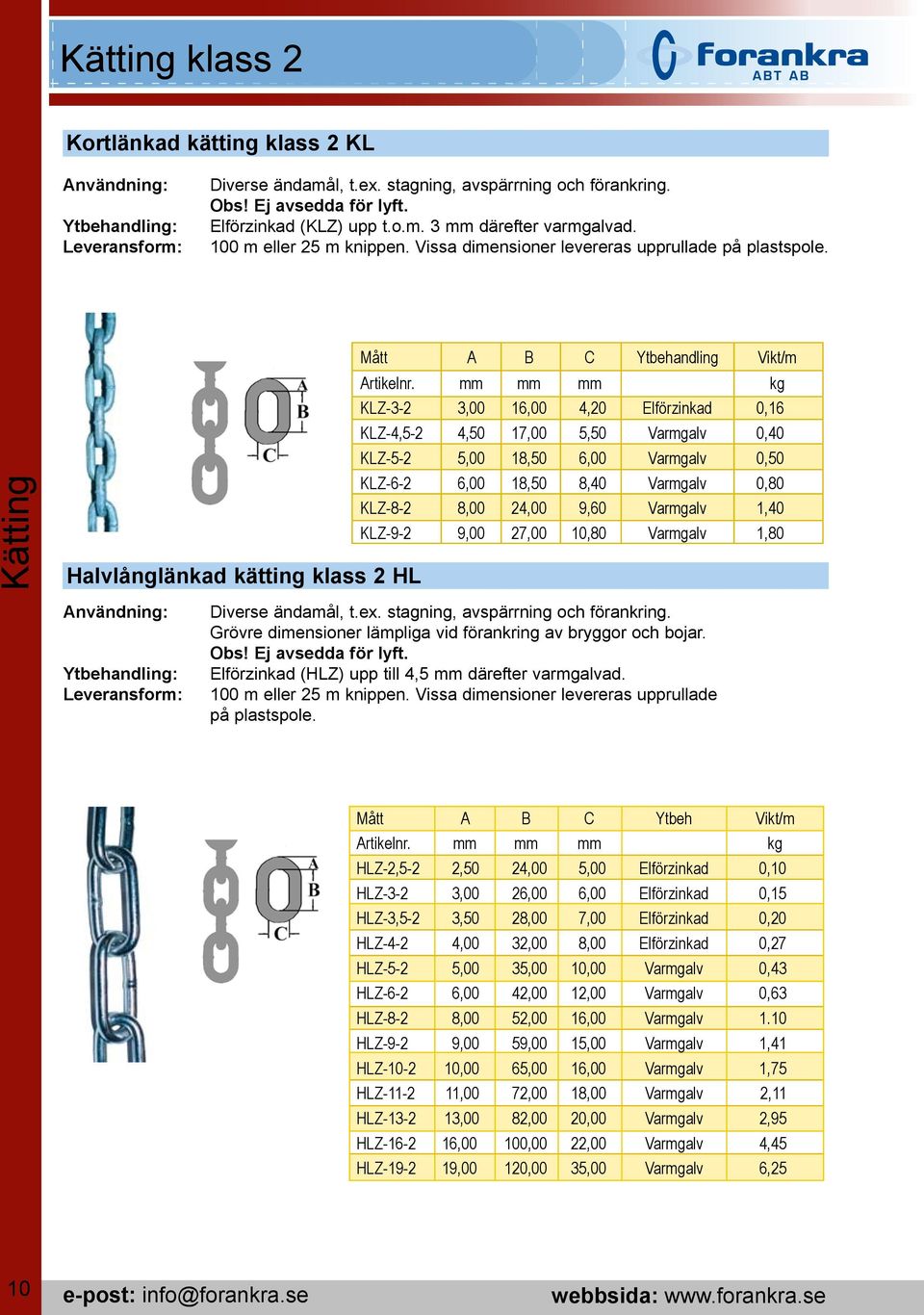 Kätting Halvlånglänkad kätting klass 2 HL Användning: Ytbehandling: Leveransform: Mått A B C Ytbehandling Vikt/m Artikelnr.