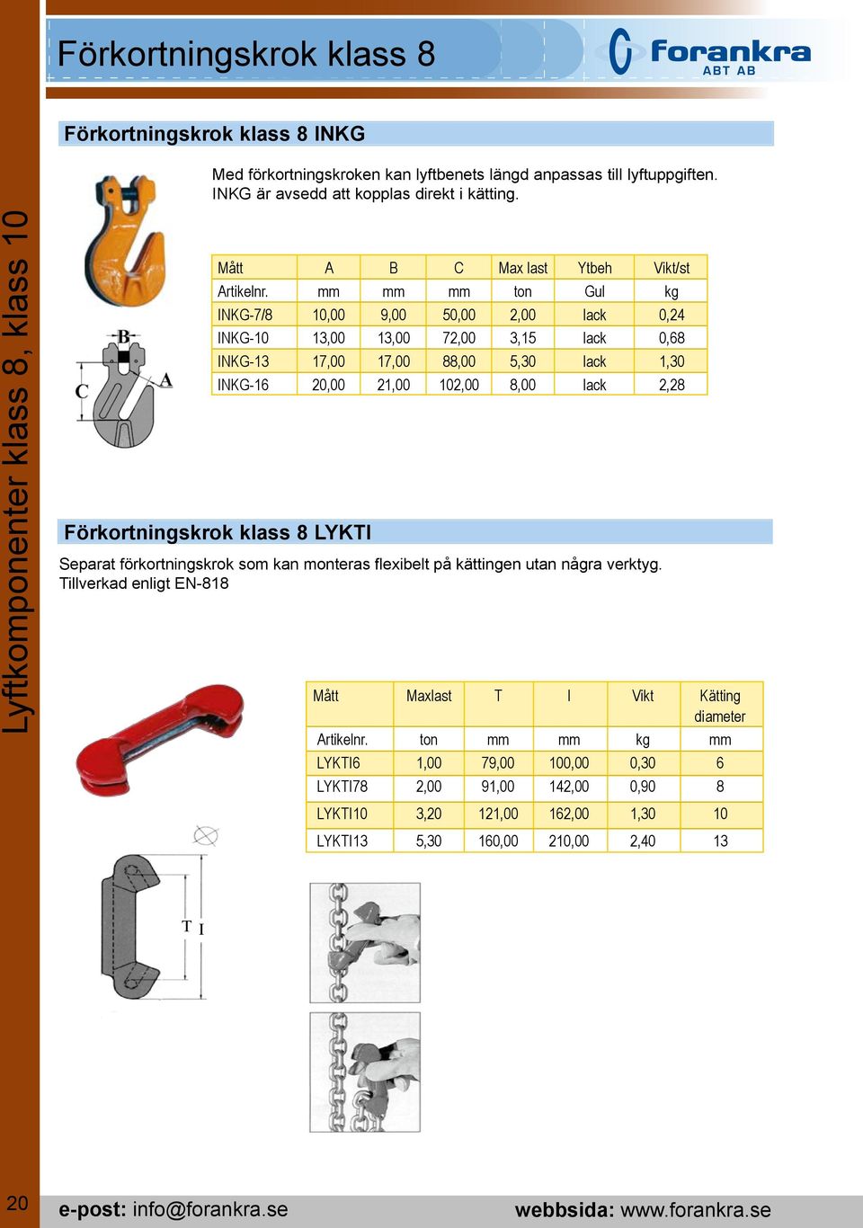 mm mm mm ton Gul kg INKG-7/8 10,00 9,00 50,00 2,00 lack 0,24 INKG-10 13,00 13,00 72,00 3,15 lack 0,68 INKG-13 17,00 17,00 88,00 5,30 lack 1,30 INKG-16 20,00 21,00 102,00 8,00 lack 2,28