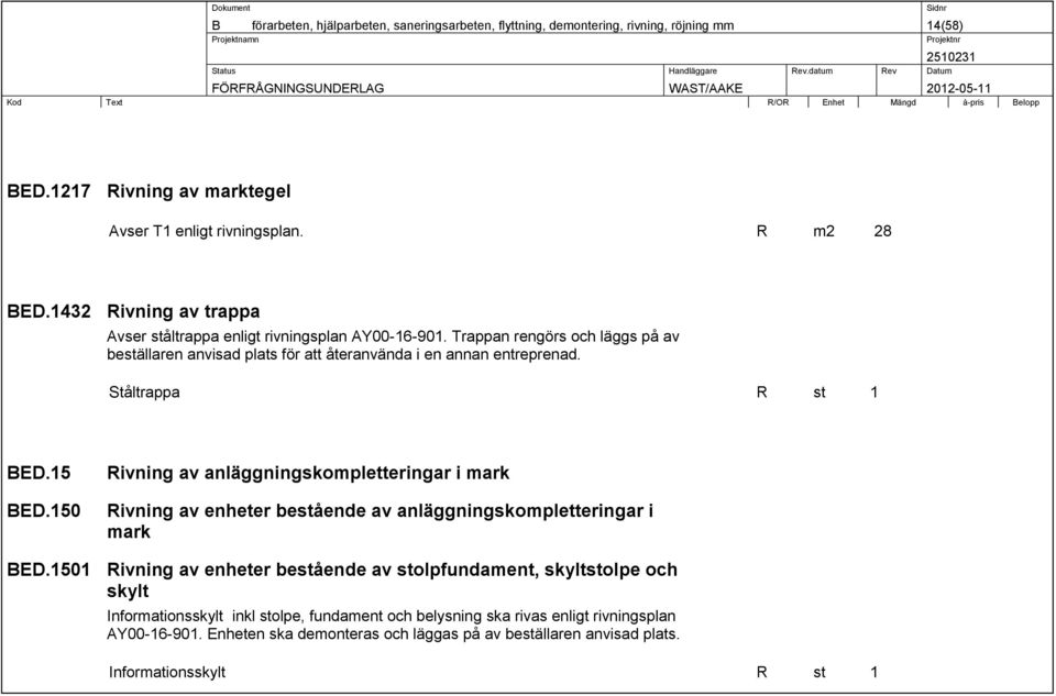 Ståltrappa R st 1 BED.15 BED.150 Rivning av anläggningskompletteringar i mark Rivning av enheter bestående av anläggningskompletteringar i mark BED.