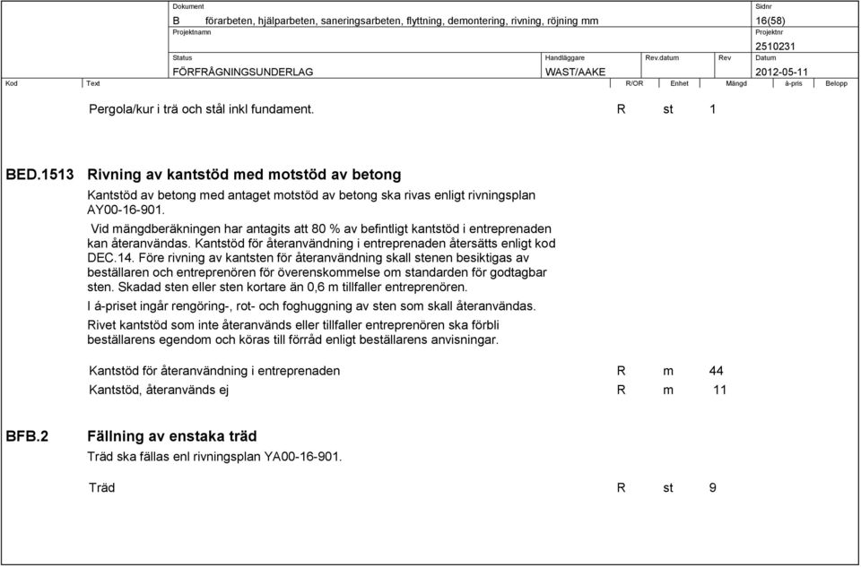 Vid mängdberäkningen har antagits att 80 % av befintligt kantstöd i entreprenaden kan återanvändas. Kantstöd för återanvändning i entreprenaden återsätts enligt kod DEC.14.