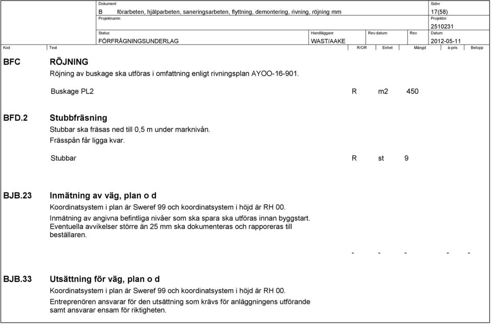 23 Inmätning av väg, plan o d Koordinatsystem i plan är Sweref 99 och koordinatsystem i höjd är RH 00. Inmätning av angivna befintliga nivåer som ska spara ska utföras innan byggstart.