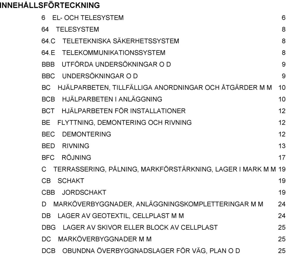 BCT HJÄLPARBETEN FÖR INSTALLATIONER 12 BE FLYTTNING, DEMONTERING OCH RIVNING 12 BEC DEMONTERING 12 BED RIVNING 13 BFC RÖJNING 17 C TERRASSERING, PÅLNING, MARKFÖRSTÄRKNING, LAGER I