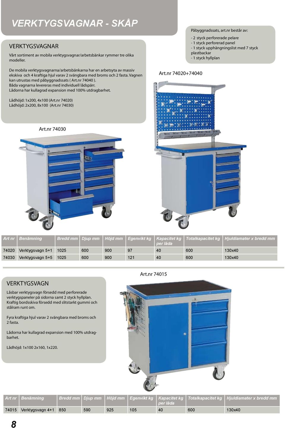 Båda vagnarna levereras med individuell lådspärr. Lådorna har kullagrad expansion med 100% utdragbarhet. Art.nr 74020+74040 Påbyggnadssats, art.