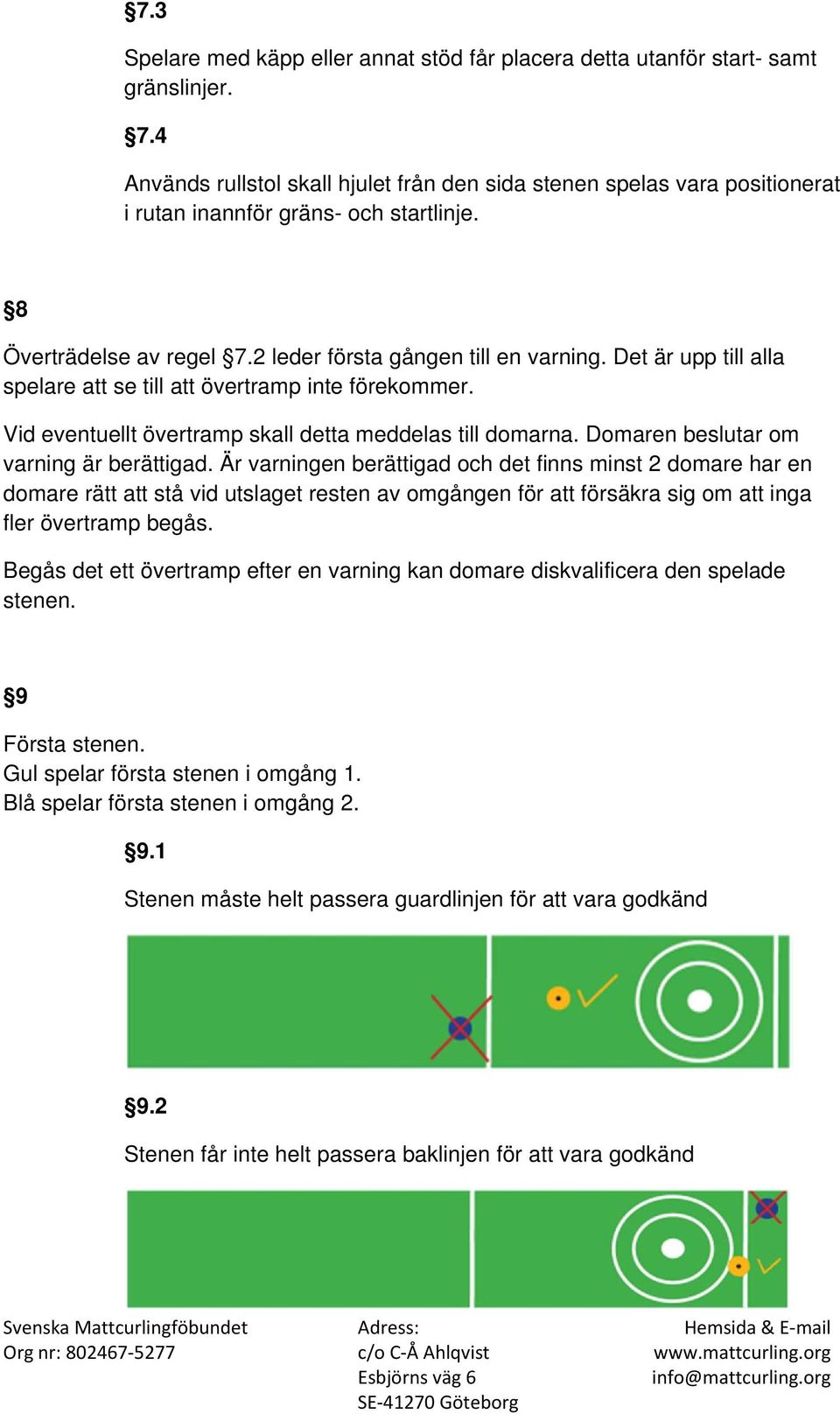 Det är upp till alla spelare att se till att övertramp inte förekommer. Vid eventuellt övertramp skall detta meddelas till domarna. Domaren beslutar om varning är berättigad.