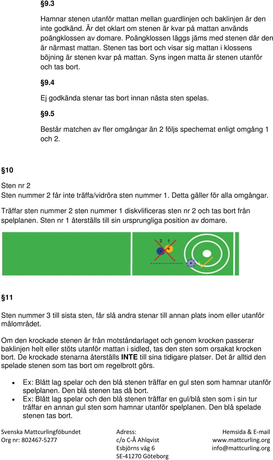 4 Ej godkända stenar tas bort innan nästa sten spelas. 9.5 Består matchen av fler omgångar än 2 följs spechemat enligt omgång 1 och 2. 10 Sten nr 2 Sten nummer 2 får inte träffa/vidröra sten nummer 1.