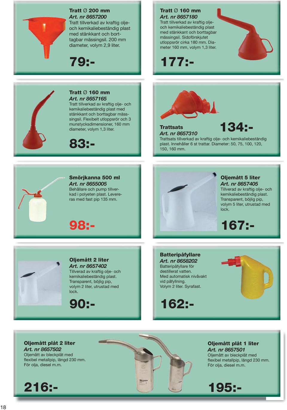 177:- Tratt Ø 160 mm Art. nr 8657165 Tratt tillverkad av kraftig olje- och kemikaliebeständig plast med stänkkant och borttagbar mässsingsil.