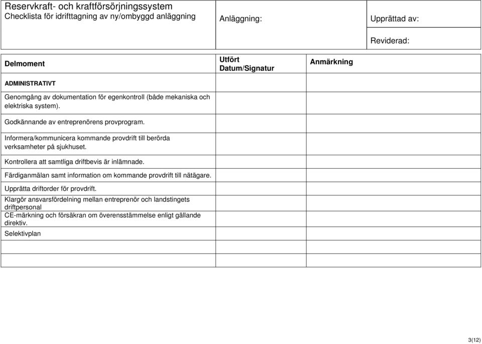 Informera/kommunicera kommande provdrift till berörda verksamheter på sjukhuset. Kontrollera att samtliga driftbevis är inlämnade.