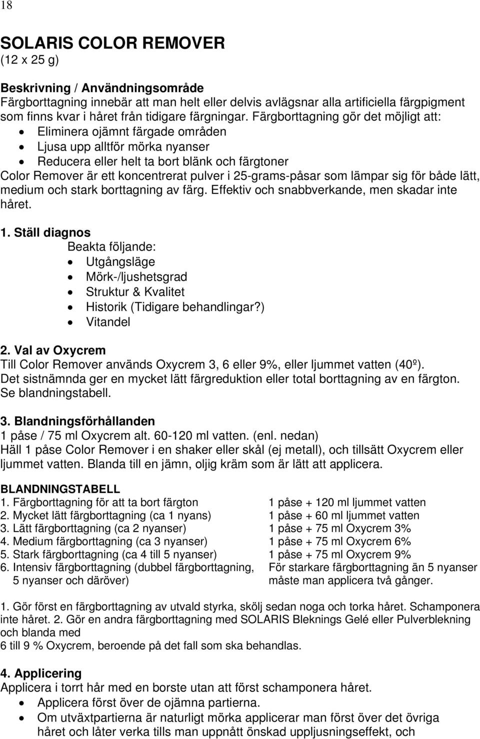 25-grams-påsar som lämpar sig för både lätt, medium och stark borttagning av färg. Effektiv och snabbverkande, men skadar inte håret. Utgångsläge Mörk-/ljushetsgrad Vitandel 2.