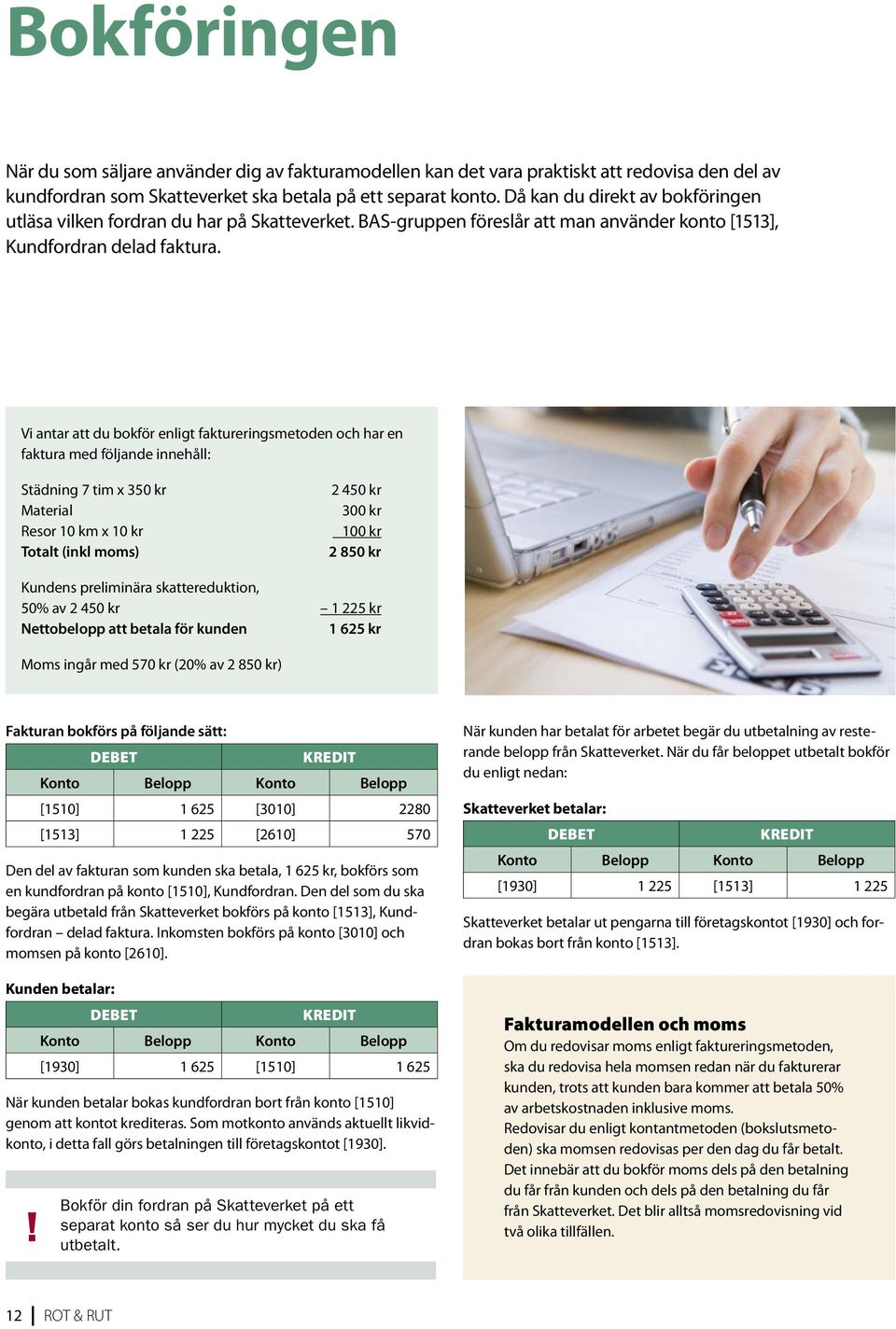 Vi antar att du bokför enligt faktureringsmetoden och har en faktura med följande innehåll: Städning 7 tim x 350 kr Material Resor 10 km x 10 kr Totalt (inkl moms) 2 450 kr 300 kr 100 kr 2 850 kr