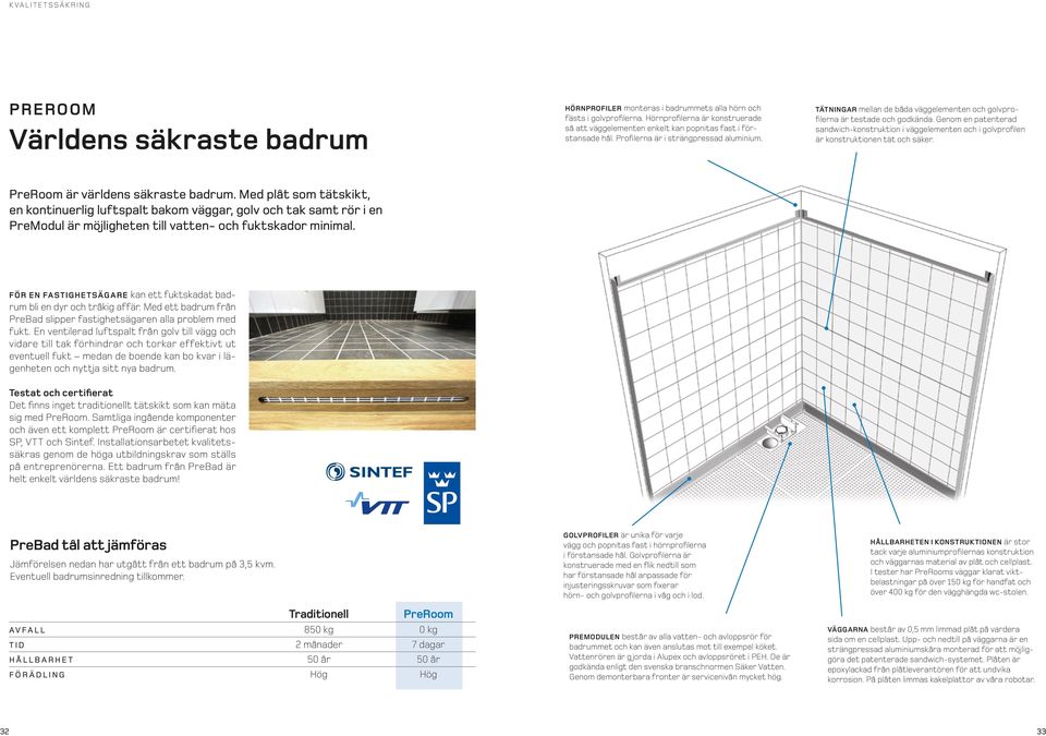 TÄTNINGAR mellan de båda väggelementen och golvprofilerna är testade och godkända. Genom en patenterad sandwich-konstruktion i väggelementen och i golvprofilen är konstruktionen tät och säker.