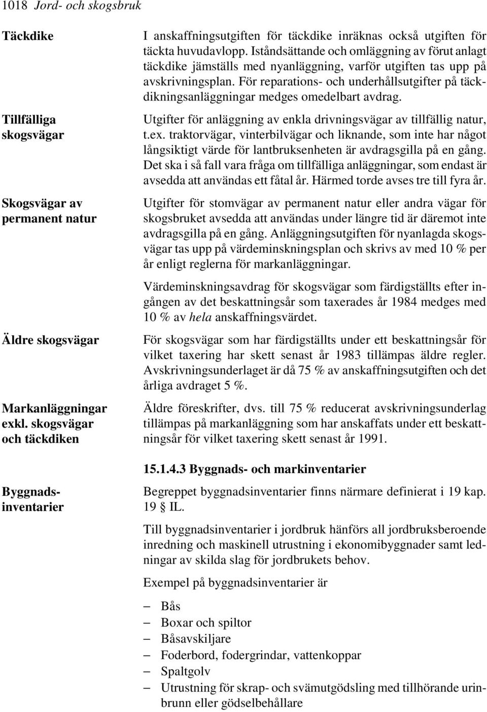 Iståndsättande och omläggning av förut anlagt täckdike jämställs med nyanläggning, varför utgiften tas upp på avskrivningsplan.