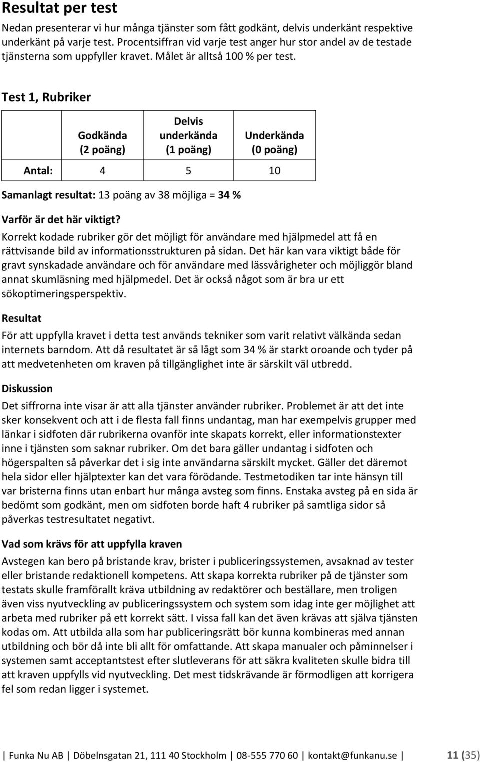 Test 1, Rubriker Godkända (2 poäng) Delvis underkända (1 poäng) Underkända (0 poäng) Antal: 4 5 10 Samanlagt resultat: 13 poäng av 38 möjliga = 34 % Varför är det här viktigt?