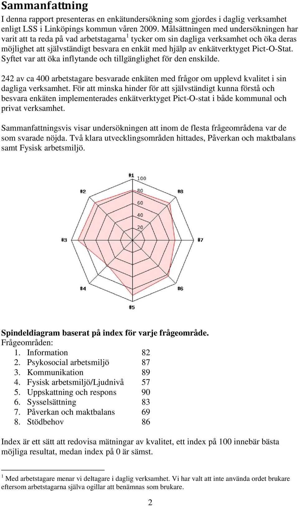 Pict-O-Stat. Syftet var att öka inflytande och tillgänglighet för den enskilde. 242 av ca 400 arbetstagare besvarade enkäten med frågor om upplevd kvalitet i sin dagliga verksamhet.