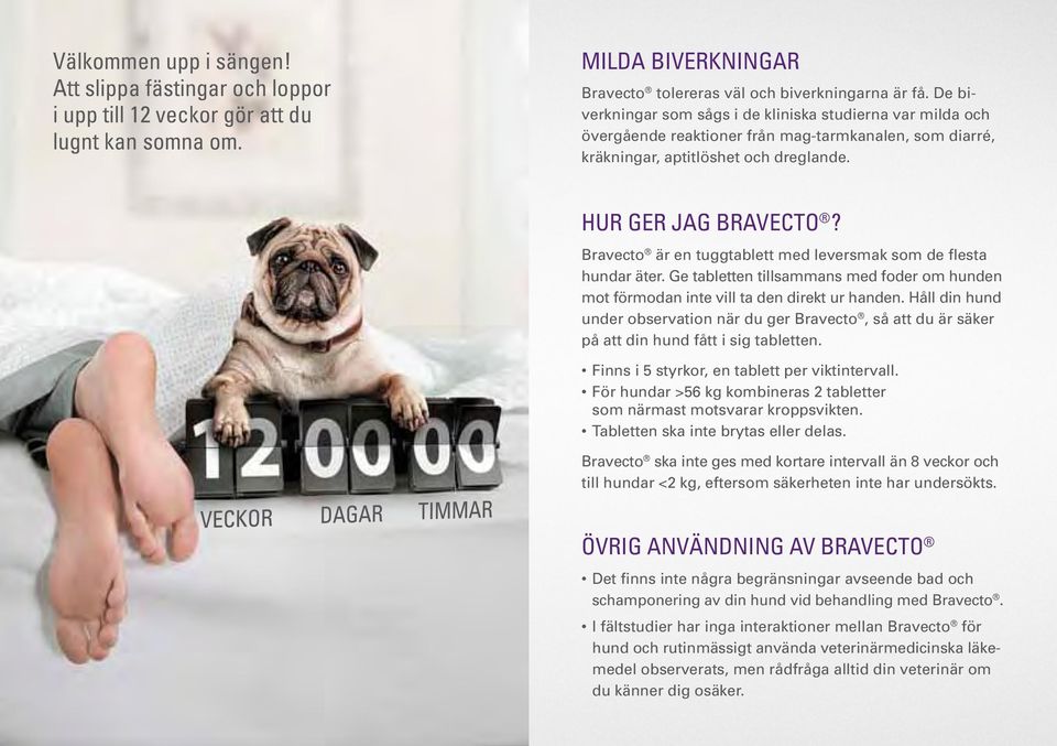 Bravecto är en tuggtablett med leversmak som de flesta hundar äter. Ge tabletten tillsammans med foder om hunden mot förmodan inte vill ta den direkt ur handen.