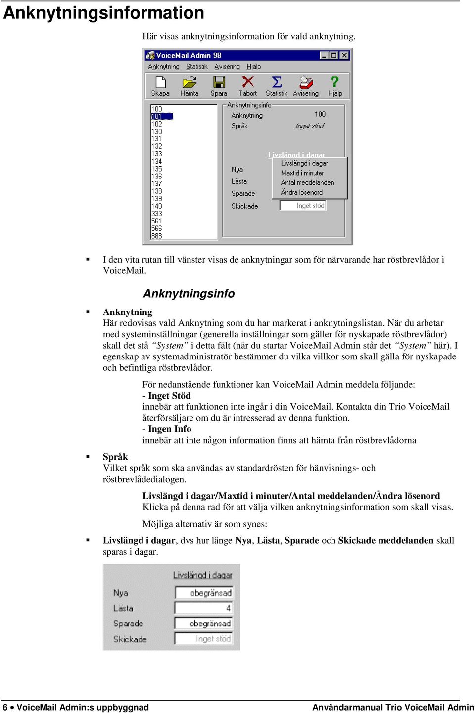 När du arbetar med systeminställningar (generella inställningar som gäller för nyskapade röstbrevlådor) skall det stå System i detta fält (när du startar VoiceMail Admin står det System här).