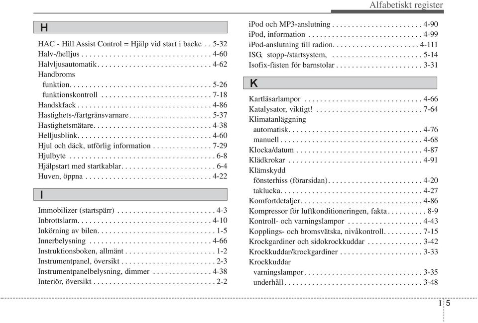 ............................. 4-38 Helljusblink.................................. 4-60 Hjul och däck, utförlig information............... 7-29 Hjulbyte..................................... 6-8 Hjälpstart med startkablar.