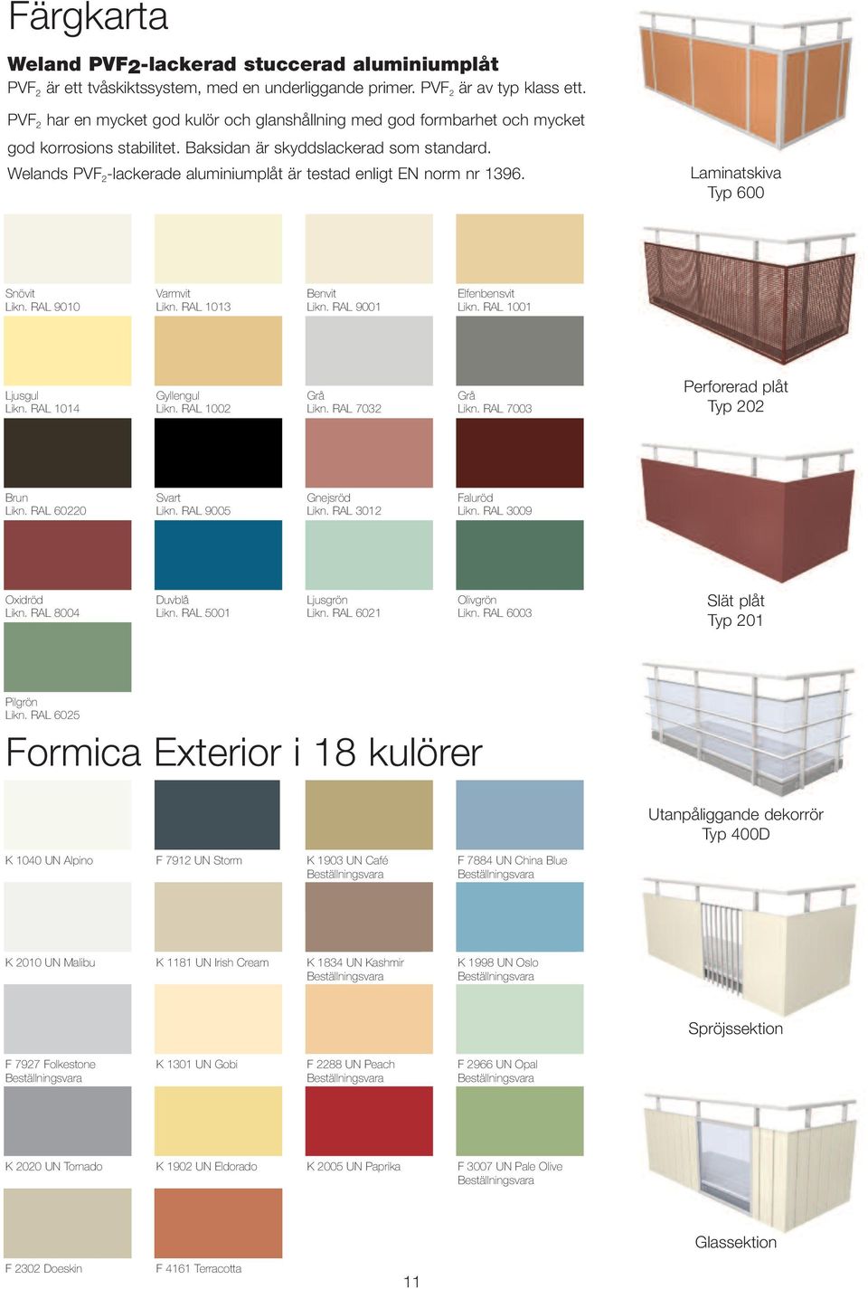 Welands PVF 2 -lackerade aluminiumplåt är testad enligt EN norm nr 1396. Laminatskiva Typ 600 Snövit Likn. RAL 9010 Varmvit Likn. RAL 1013 Benvit Likn. RAL 9001 Elfenbensvit Likn.