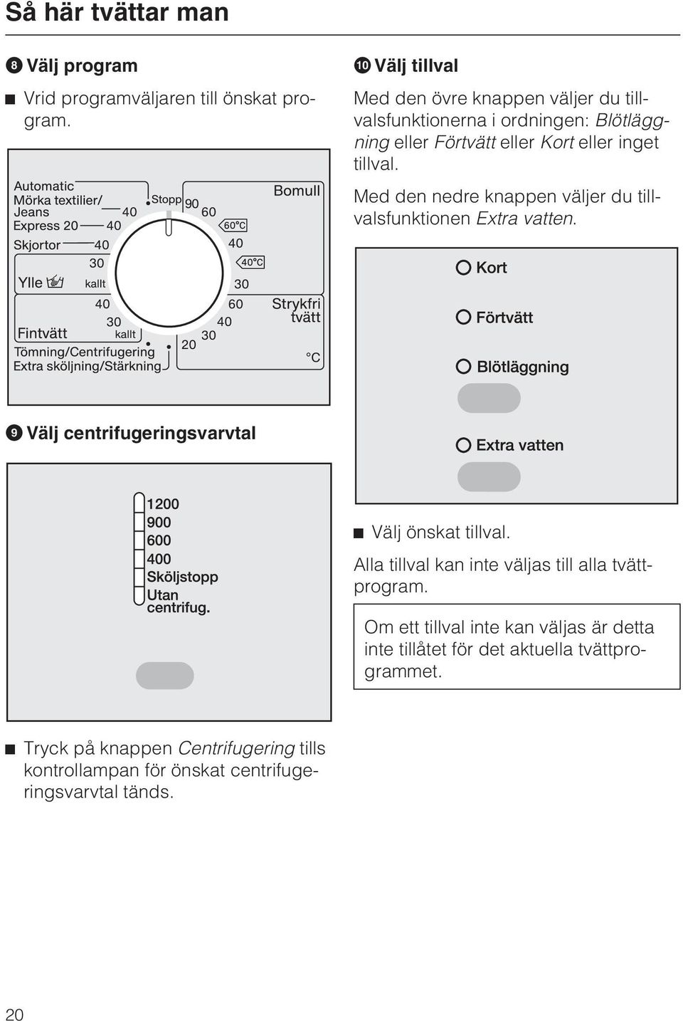 Med den nedre knappen väljer du tillvalsfunktionen Extra vatten. Välj centrifugeringsvarvtal Välj önskat tillval.