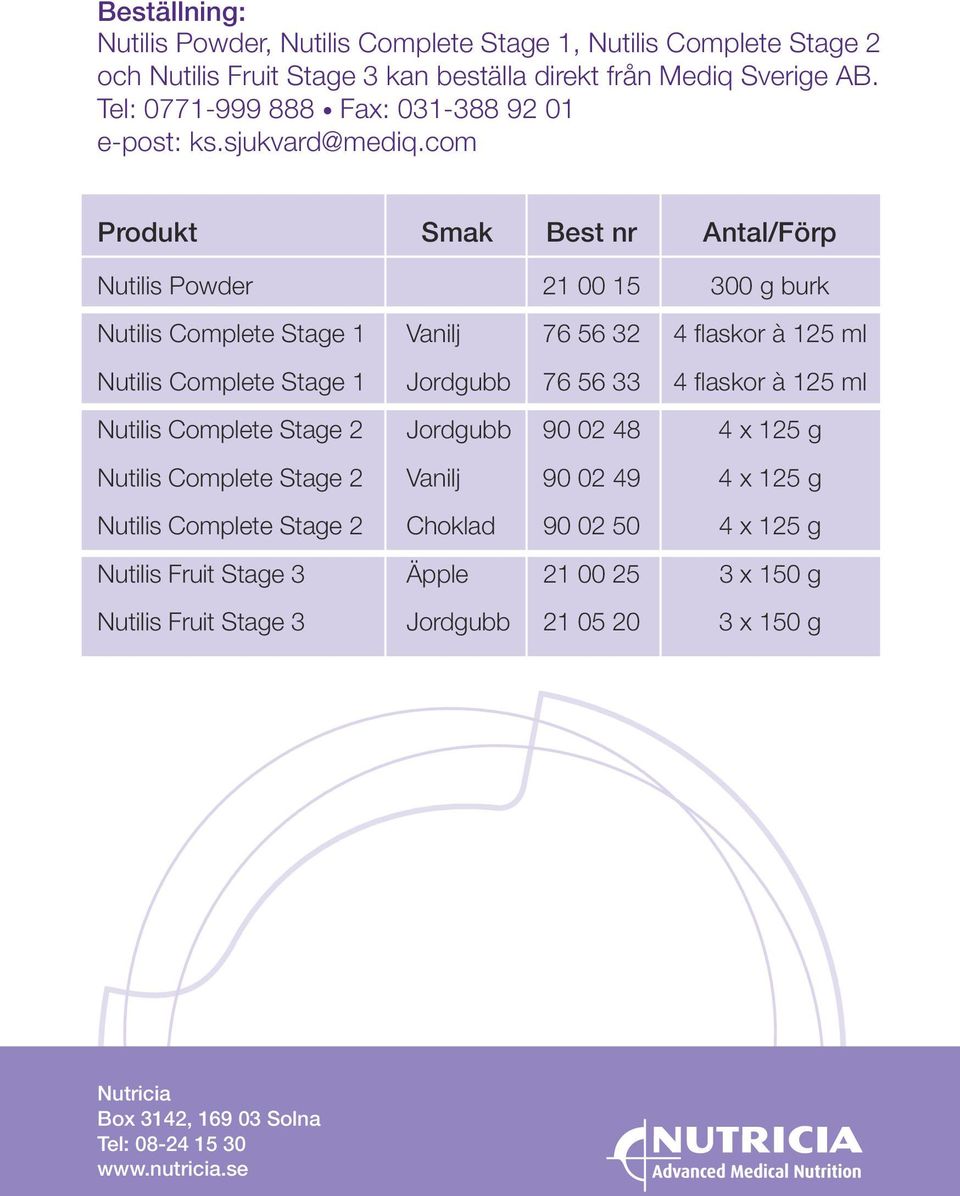 com Produkt Smak Best nr Antal/Förp Nutilis Powder 21 00 15 300 g burk Nutilis Complete Stage 1 Vanilj 76 56 32 4 flaskor à 125 ml Nutilis Complete Stage 1 Jordgubb 76 56 33 4