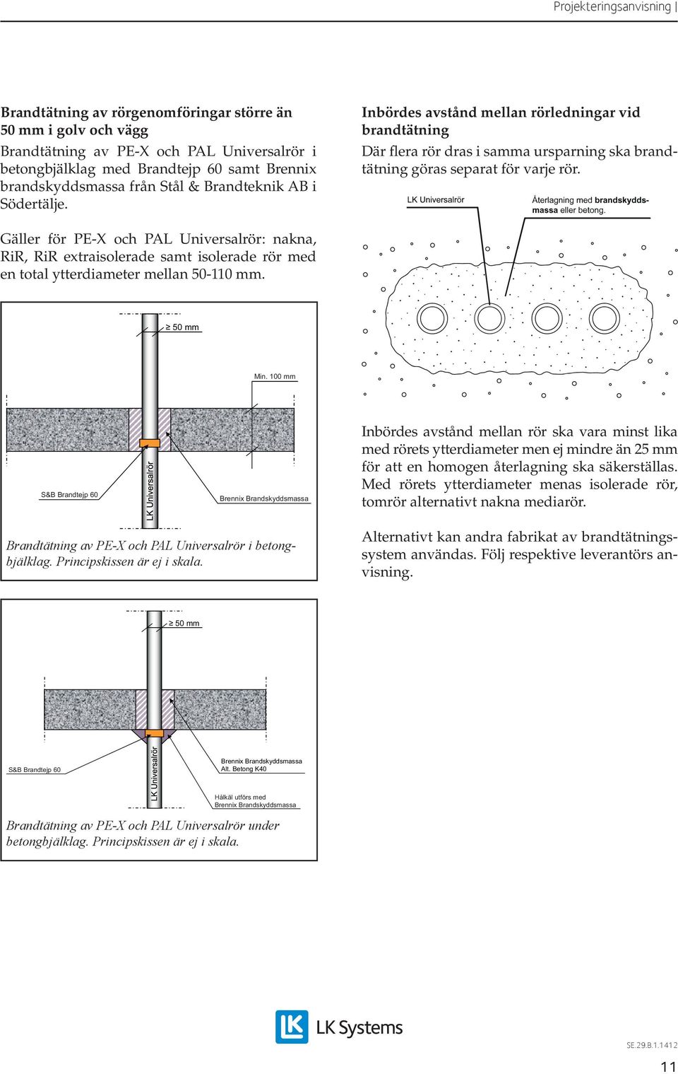 Gäller för PE-X och PAL Universalrör: nakna, RiR, RiR extraisolerade samt isolerade rör med en total ytterdiameter mellan 50-110 mm. 50 mm Min.