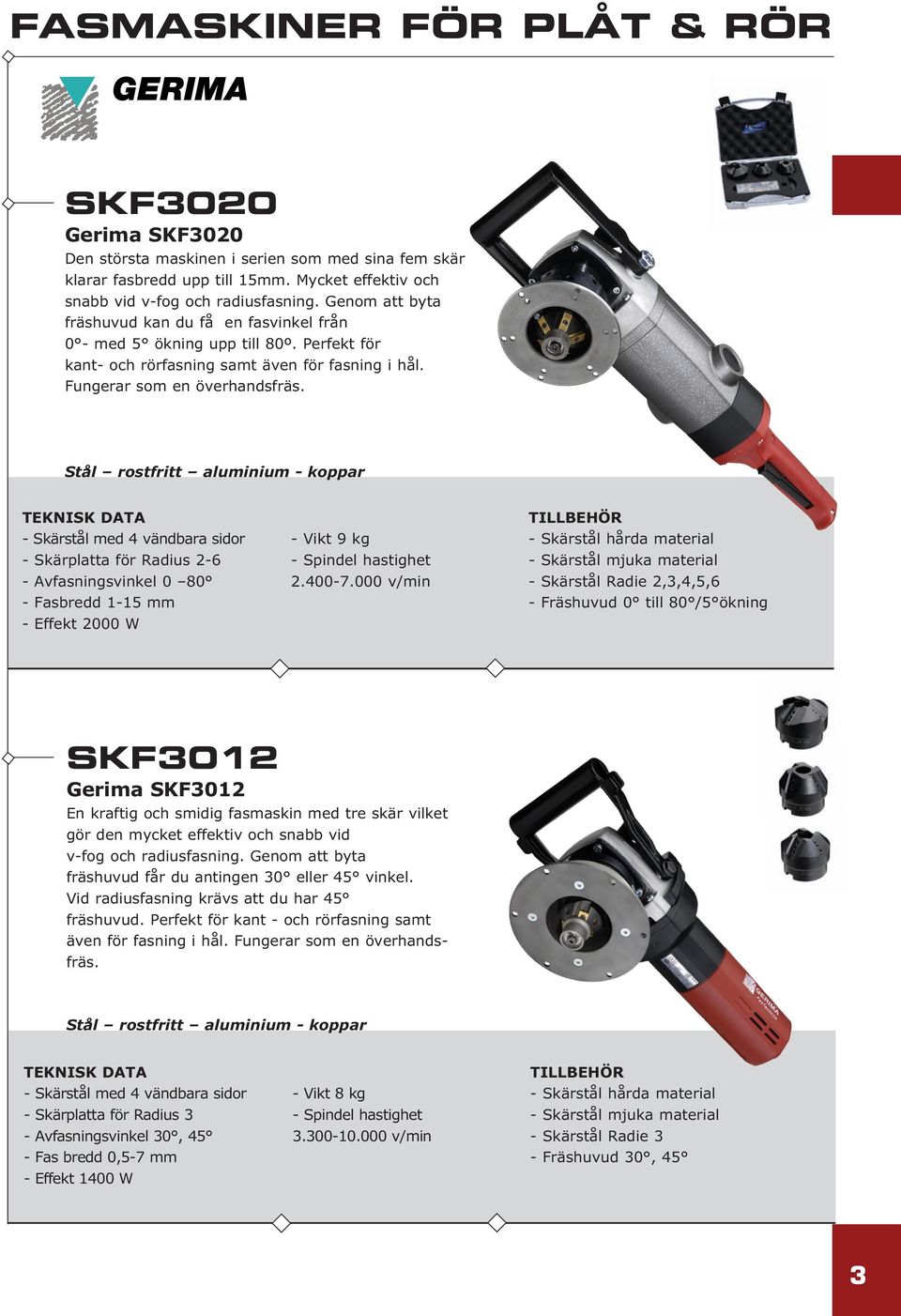 Stål rostfritt aluminium - koppar - Skärstål med 4 vändbara sidor - Skärplatta för Radius 2-6 - Avfasningsvinkel 0 80 - Fasbredd 1-15 mm - Effekt 2000 W - Vikt 9 kg - Spindel hastighet 2.400-7.