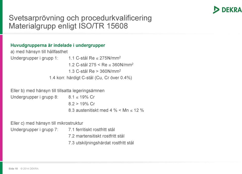 4%) Eller b) med hänsyn till tillsatta legeringsämnen Undergrupper i grupp 8: 8.1 19% Cr 8.2 > 19% Cr 8.