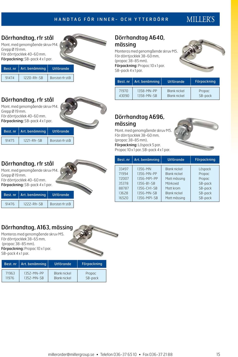 Förpackning Dörrhandtag, rfr stål Mont. med genomgående skruv M4. Grepp Ø 19 mm. För dörrtjocklek 40-60 mm. Förpackning: SB-pack 4 x 1 par.