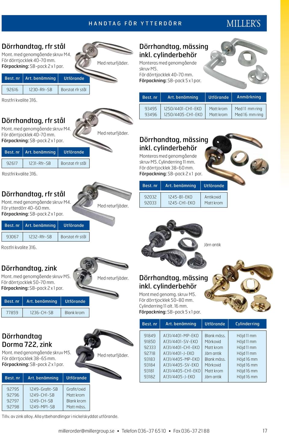 Anmärkning Dörrhandtag, rfr stål Mont. med genomgående skruv M4. För dörrtjocklek 40-70 mm. Förpackning: SB-pack 2 x 1 par. 92617 1231-Rfr-SB Borstat rfr stål Rostfri kvalite 316. Med returfjäder.