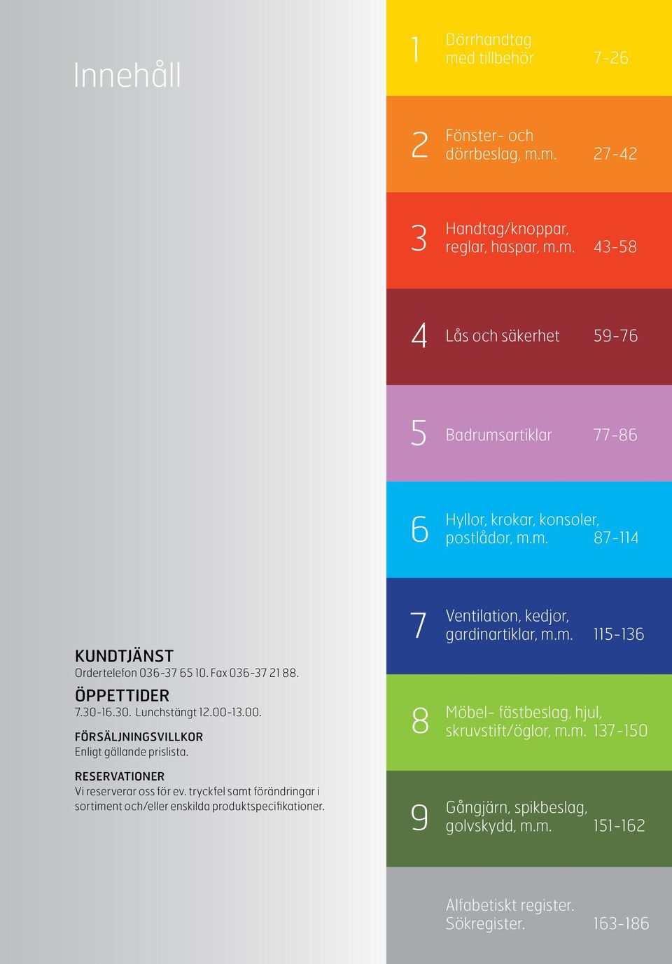 Reservationer Vi reserverar oss för ev. tryckfel samt förändringar i sortiment och/eller enskilda produktspecifikationer. 7 8 9 Ventilation, kedjor, gardinartiklar, m.m. 115-136 Möbel- fästbeslag, hjul, skruvstift/öglor, m.